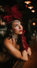Fototapeta premium Elegant young woman in red feather headpiece and lace gloves in vintage setting