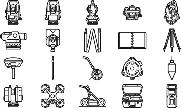 Collection of surveying tools: detailed line art icons, equipment arranged against a clean backdrop, perfect for illustrating construction, mapping, or engineering concepts.