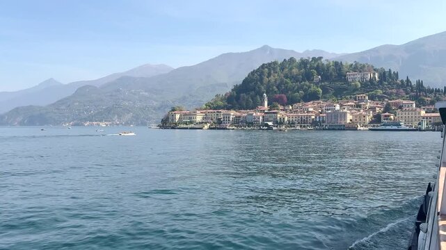 Scenic Lakeside Villages of Lake Como Surrounded by Green Mountains, Italy Travel Destination Landscape Viewed from the Water