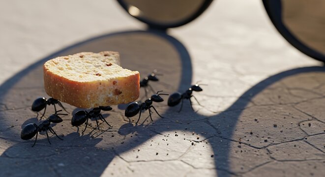 Group of black ants carrying slice of bread teamwork strength carrying food for colony