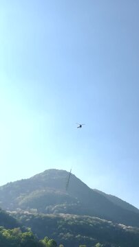 Helicopter Transporting Tree Trunk in Lake Como Area, Aerial Forestry Work and Environmental Maintenance, Vertical Video Industrial Operation