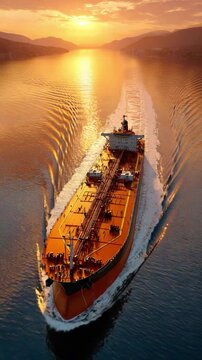 Golden Voyage: A majestic tanker sails effortlessly across shimmering waters towards a brilliant sunset, charting a course of progress and exploration.