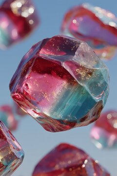 Vibrant Bicolor Crystal Forms Float Against a Clear Blue Sky