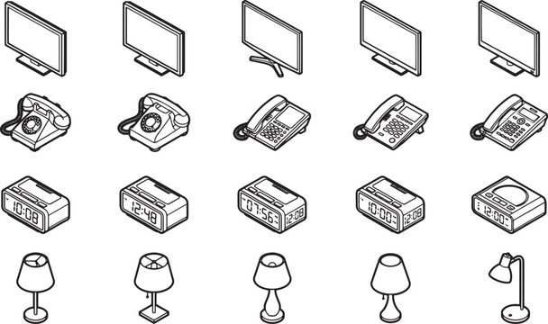 Isometric depiction of the common technology and decor: screens, telephones, alarm clocks, lamps, all presented in a sleek, minimalist style.