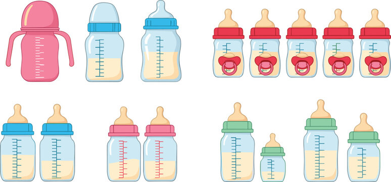 Baby feeding bottles and sippy cups set with pacifiers milk containers newborn nutrition accessories colorful infant care collection illustration