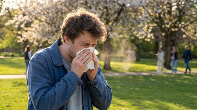 Young man sneezing into a tissue from spring pollen allergy or hay fever or allergic rhinitis