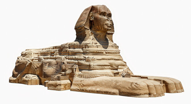 Majestic sphinx statue on white background with detailed stone texture and ancient egyptian