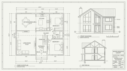 Fototapeta premium Modern Residence Architectural House Plan and Elevation Illustration