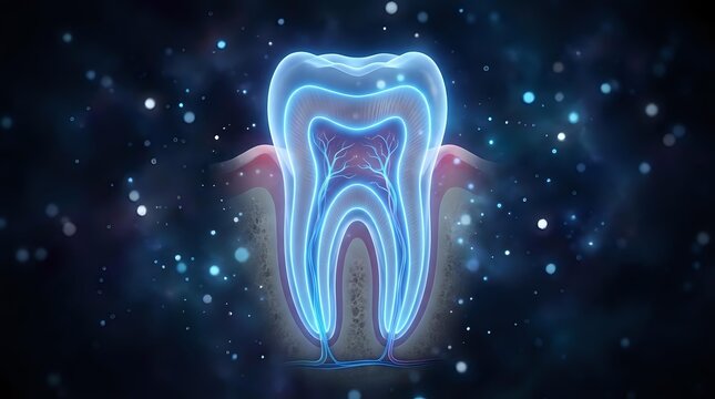 Glowing neon tooth cross-section showing internal structure with roots and pulp against starry space background for dental healthcare concepts.