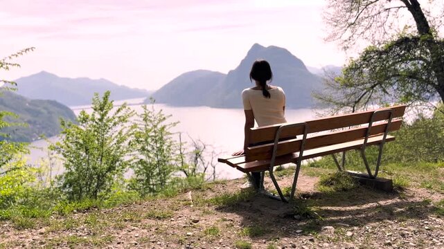 Woman Walking POV on Sentiero di Gandria Lugano, Scenic Olive Trail by Lake, Travel Lifestyle Nature Experience in Switzerland