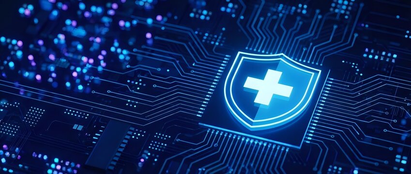 Medical shield icon on blue circuit board background representing healthcare cybersecurity and data protection in digital technology systems.