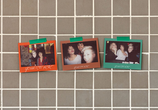 Real photo of Polaroids on a Tiled Wall Surface. PSD template mockup.