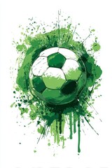 Naklejka premium Classic black and white soccer ball bursting with energetic green paint splashes and drips.