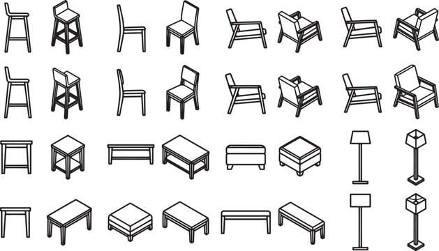 Array of various furniture, presented as isometric illustrations, perfect for design and architectural projects.