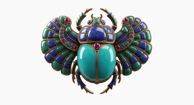 Ornate egyptian scarab beetle brooch with turquoise lapis lazuli and gemstones