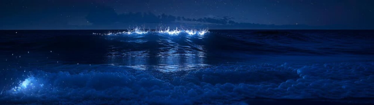 Bioluminescent waves breaking at night on a beach shoreline under a starry sky, showing natural light phenomenon.