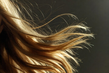 Fototapeta premium Subject: A close-up of flowing golden hair. Action: The hair is blowing in the wind or air. Setting: A dark, blurred background suggests an outdoor setting.