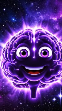 Smiling Brain Character Floating in Space/Glowing Purple/Stars