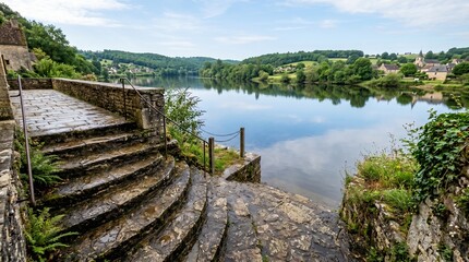 Fototapeta premium A serene stone staircase leads down to a calm lake surrounded by lush greenery and trees on a sunny day.