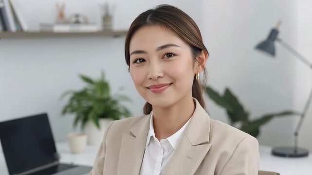 在宅ワークの明るい部屋で日本人女性が穏やかに微笑むビジネス肖像