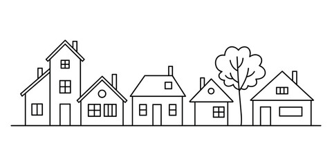 Fototapeta premium Simple line row of houses and a tree on a white background home building architecture residential