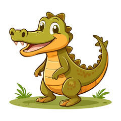 Fototapeta premium Green crocodile character standing in a friendly pose with a big smile and long tail on a patch of green grass