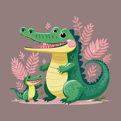 Fototapeta premium Happy crocodile mother with two small babies in a tropical forest setting with colorful plants and floral decorations for kids nursery art
