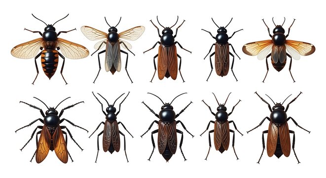 Collection of Various Flying and Crawling Insects on White Background.
