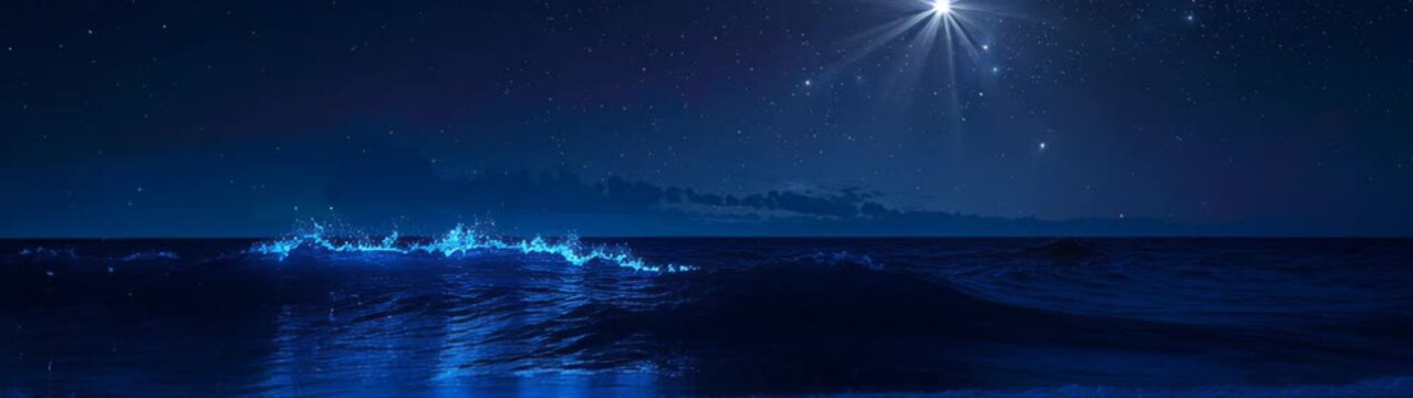Ocean Bioluminescence And Marine Ecosystems Waves Crashing On Beach At Night With Glowing Blue Bioluminescent Plankton For Environmental Awareness And Coastal Tourism Campaigns.