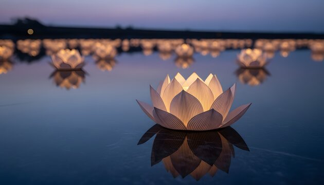 Glowing lotus flower floating lanterns on water at dusk for Buddha's Birthday celebration and spiritual enlightenment concept with serene reflections