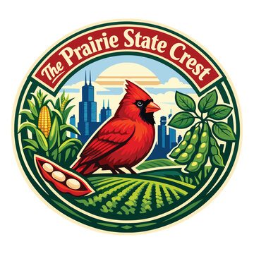 The Prairie State Crest agricultural logo featuring a red cardinal bird, corn, and soybeans against a city skyline, symbolizing nature, farming heritage, and rural pride