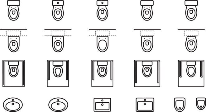 Architectural perspectives of various toilet styles, providing a clear visual representation for design and planning purposes.
