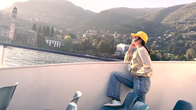 Woman Relaxing on Lake Como Boat Cruise Enjoying Scenic Village Views, Travel Lifestyle Experience in Italy Tourism Destination