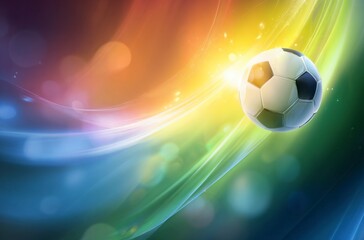Naklejka premium A black and white soccer ball moves swiftly against a background of dynamic, colorful light trails. It symbolizes the thrilling energy for World Cup 2026 in Mexico, USA, and Canada.