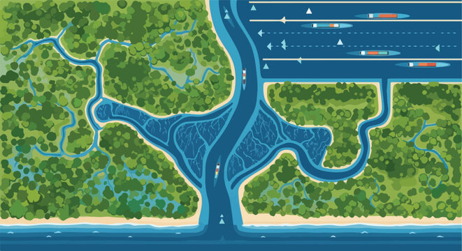 Aerial view of a river delta flowing into the sea with ships in navigation lanes