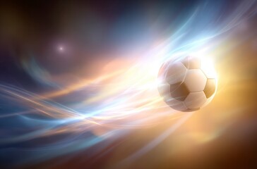 Fototapeta premium A black and white soccer ball moves swiftly against a background of dynamic, colorful light trails. It symbolizes the thrilling energy for World Cup 2026 in Mexico, USA, and Canada.