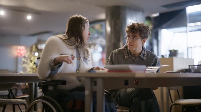Two young students, one using a wheelchair, engage in conversation while reviewing study materials. They are seen collaborating and smiling during their academic discussion.