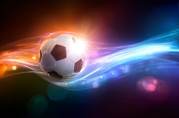 Naklejka premium A black and white soccer ball moves swiftly against a background of dynamic, colorful light trails. It symbolizes the thrilling energy for World Cup 2026 in Mexico, USA, and Canada.