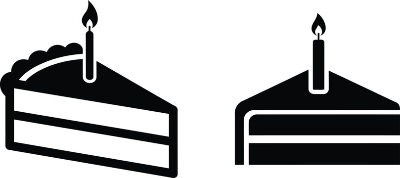 black and white cake slice with candle icons