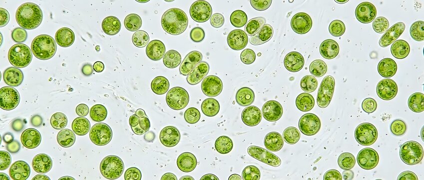 Green microorganisms and bacteria cells scattered on white background for medical research and scientific education purposes in microbiology studies.
