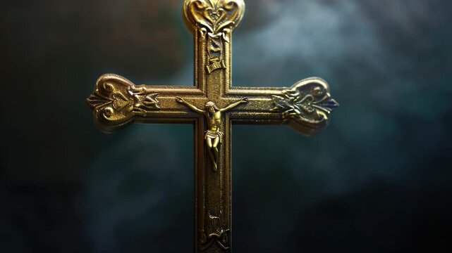 A gold-plated cross against a dark or mysterious black backdrop