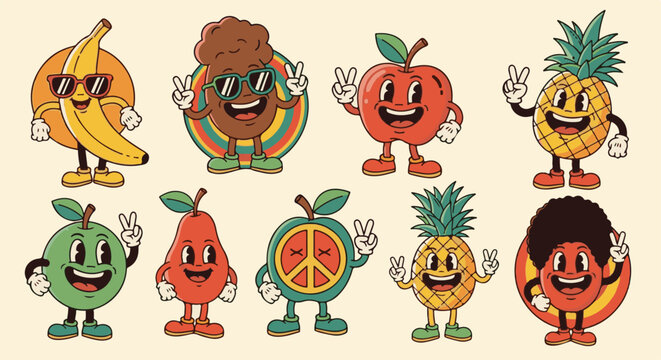 Cartoon fruits and a brownie character with peace signs, sunglasses, and retro vibe