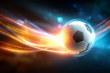 Naklejka premium A black and white soccer ball moves swiftly against a background of dynamic, colorful light trails. It symbolizes the thrilling energy for World Cup 2026 in Mexico, USA, and Canada.