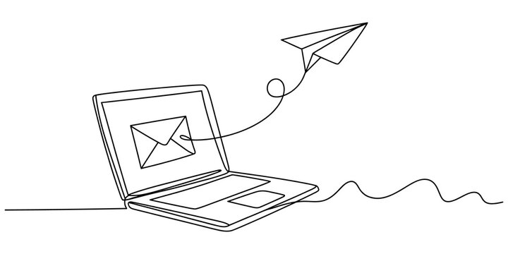 Continuous line drawing of a laptop computer with a paper airplane flying out of the screen