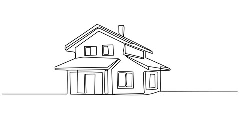 Minimalist single line art illustration of a residential home with windows and a front porch. © Graphics Art