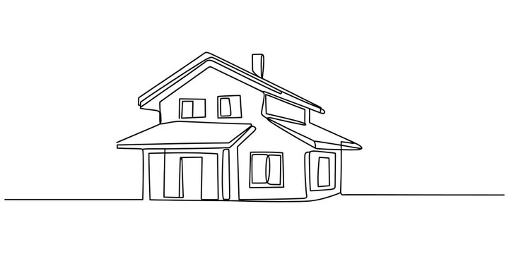 Minimalist single line art illustration of a residential home with windows and a front porch.