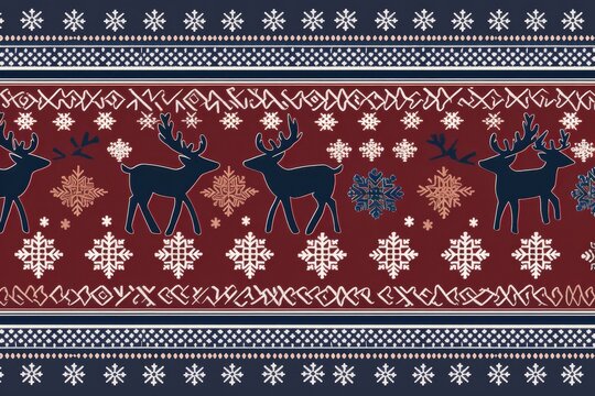 Seamless christmas sweater pattern with reindeer and snowflakes, nordic vector design in red blue tones