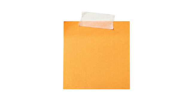Blank Orange Sticky Note with Adhesive Tape Isolated on Transparent Background, Png.