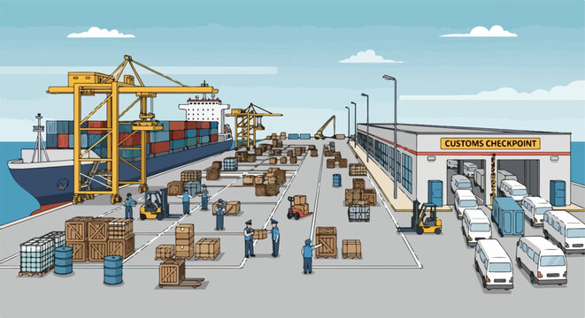 A busy shipping port scene with a cargo ship, containers, and customs facility