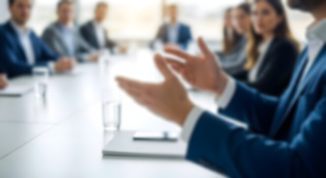 A blurred image of a business meeting in progress showing a diverse group of professionals collaborating and discussing ideas